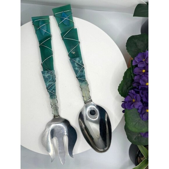 Handcrafted Stainless Steel Salad Server Set With Unique Glass Wrapped Handles - Picture 6 of 13